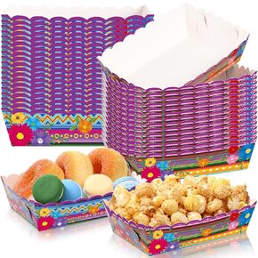 50 Pcs Mexican Paper Food Trays Fiesta Snack Trays Disposable Taco Food Boat Nacho Hot Dog Popcorn Serving Holder for Mexican Birthday Party Supplies Decorations(Flower)