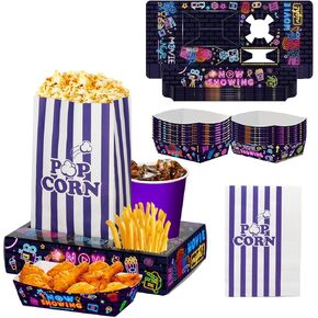 60Pcs Movie Night Supplies 30Pcs Neon Movie Night Snack Trays with 15Pcs Popcorn Bags and 15Pcs Paper Food Trays, Outdoor Theater Snack Boxes for Birthday Party Decorations Neon Glow Party Supplies