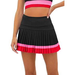 Fisoew Women's High Waisted Tennis Skirts Color Block Pleated Athletic Golf Skorts with Built in Shorts