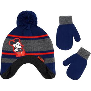 Disney Mickey Mouse Beanie Hat and Gloves Set, Boys Cuffed Peruvian Winter Knit Cap with Pom and Matching Mittens, Navy, One Size