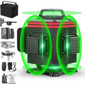 16 Lines Laser Level 4x360° Self Leveling Green Laser Level， 4D Green Cross Line for Construction and Picture Hanging，Laser measurement calibration tool，with 2 Rechargeable Battery and Tool Kit