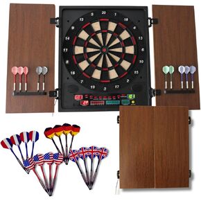 Dartboard Professional Electronic Dart Board with LED Digital Scoreboard, Wooden MDF Cabinet, 27 Games, 202 Variations, Includes 16 Soft Tip Darts & 16 Replacement Tips, Perfect for Adults Game Room in Saudi Arabia