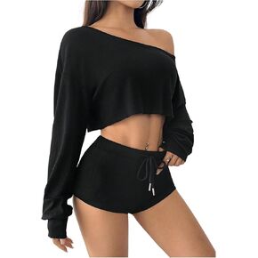 SweatyRocks Women's 2 Piece Outfits Sweatsuit Sets Off Shoulder Knit Top Stretchy Shorts Sets