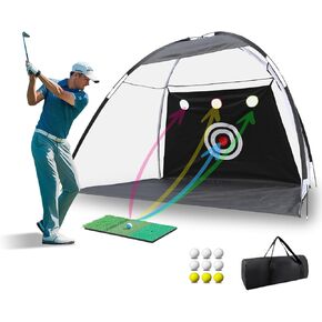 Golf Net 10 * 7FT Golf Practice Net with 9 Golf Balls /1 Golf Mat /1 Storage Bag, Backyard Golf Net for Cutting Clubs, Swinging, Multi-Target Practice, Suitable for Golf Practice, Golf Gifts for Men