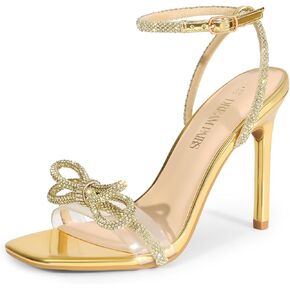 DREAM PAIRS Women's Double Bowknots Crystal Sandals Clear Slingback Heels Square Toe Shoes for Party Wedding