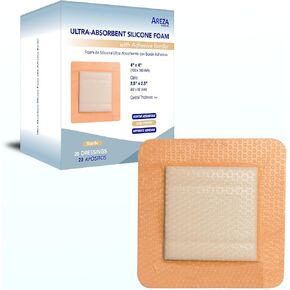 Areza Medical - ضمادات جروح من رغوة السيليكون فائقة الامتصاص - مقاومة للماء - مع حدود لاصقة - معقمة - 4 × 4 بوصة (10 سم × 10 سم) - 20 قطعة لكل صندوق - معتمدة من إدارة الغذاء والدواء الأمريكية (FSA/HSA)