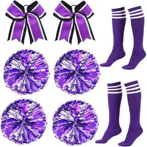 6 Pcs Metallic Cheerleading Pom Poms and Hair Bow Mid Calf Socks Set, Cheerleader Pompoms School Sports Game Spirit Cheer Accessories (Hot Pink)