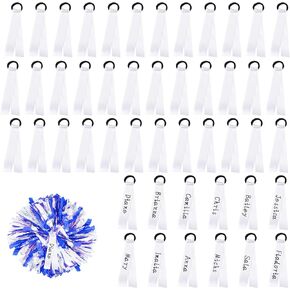 48pcs Cheerleading Pom Poms Name Tags, Pom Pom Name Tags Cheer Ribbon Cheer Team Gift Personalized Blank Cheerleader Name Tags for Backpack Travel Suitcase Labels Luggage Keychain (White)