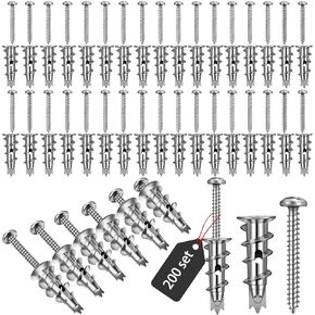 400 Pieces Zinc Self Drilling Drywall Anchors with Screws Kit, Heavy Duty Metal Wall Anchors and #8 x 1-1/4'' Screws (200 Anchors+200 Screws) Includes