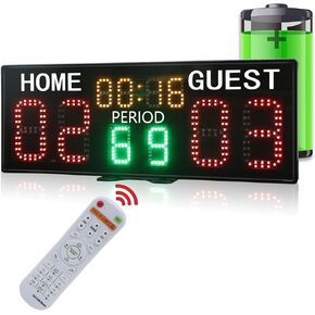YZ LED Super Bright Electronic Scoreboard with Timer Clock, Battery Powered Digital Scoreboard with Remote, Tennis Score Keeper for Net, Basketball/Volleyball/Baseball/Cornhole Indoor Outdoor Buzzer