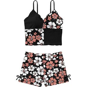 KANGKANG Girls Swimsuit V-Neck Girls Bathing Suit for Girls 2 Piece Swimsuit for Girl Swimwear Cute Tankini with Shorts 7-14y