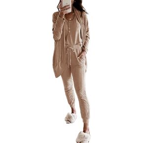 Fessceruna Womens Waffle Knit 3 Piece Lounge Sets Pajama Tank Top Long Sleeve Cardigan and Pants Loungewear Outfit