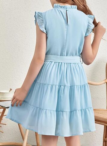 DOKOTOO KIDS Tween Girls Dresses Elegant Sleeveless Ruffle Flowy Dress with Belt 6-13 Years in Kuwait