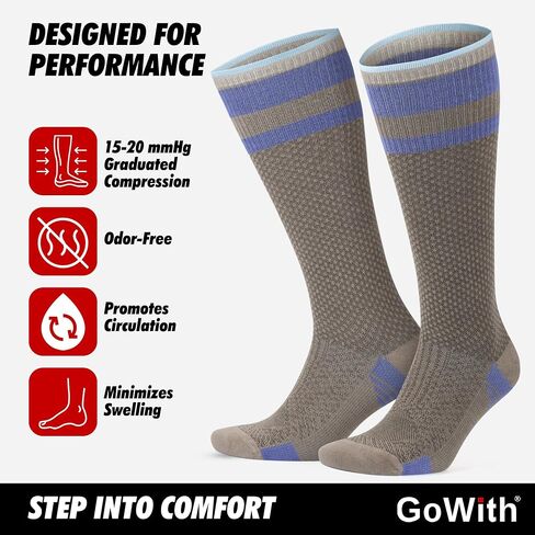 GoWith Unisex Knee High Compression Socks, 15-20 mmHg Rayon Made From Bamboo Socks, Breathable Travel Socks for Men & Women in Kuwait