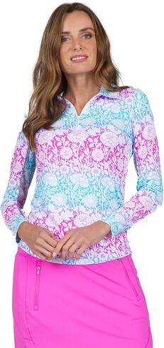 قميص بولو IBKUL Athleisure Wear للحماية من الشمس بعامل حماية من أشعة الشمس 50+ Icefil Cooling Tech Jesse Print بطول قابل للتعديل وأكمام طويلة - 48538 in Kuwait