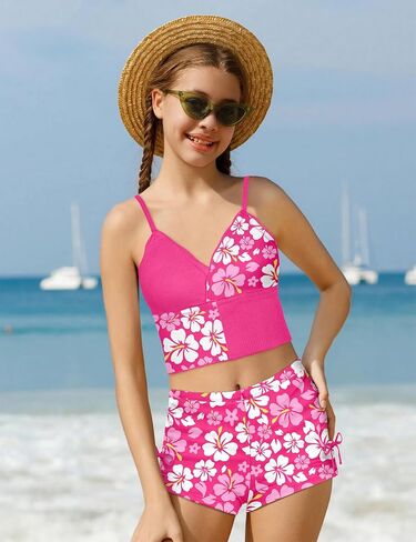 KANGKANG Girls Swimsuit V-Neck Girls Bathing Suit for Girls 2 Piece Swimsuit for Girl Swimwear Cute Tankini with Shorts 7-14y in Kuwait