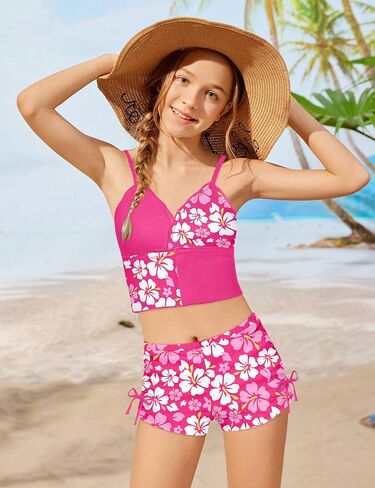 KANGKANG Girls Swimsuit V-Neck Girls Bathing Suit for Girls 2 Piece Swimsuit for Girl Swimwear Cute Tankini with Shorts 7-14y in Kuwait
