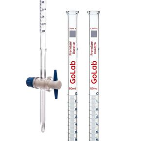2pcs GoLab Laboratory Class A Burette with PTFE Key Stopcock - 50ml Capacity, 0.05ml Sub Divisions, ±0.03ml Tolerance, Red Graduations - Borosilicate Glass