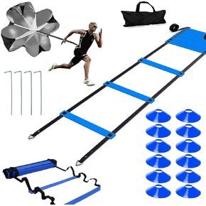 Agility Ladder,20ft Agility Ladder,Speed Ladder, Soccer Ladder Training Set, with 12 Training Cones and Resistance Parachute- Blu