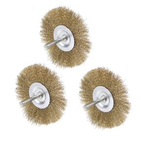 uxcell 4-Inch Wire Wheel Brush Bench Brass Plated Crimped Steel 1/4-Inch Shank 3Pcs