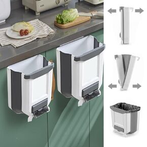 2 Pack Kitchen Trash Can, Foldable Waste Bin for Kitchen, Collapsible Hang Small Plastic Garbage Can 2.4 Gallon for Cabinet/Car/Bedroom/Bathroom/Kitchen/Office (White, 2PC)