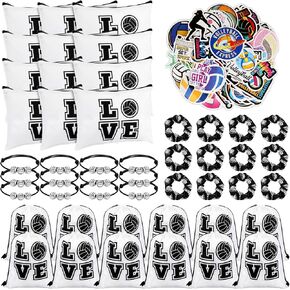 Tudomro 148 Pcs Volleyball Party Favors Volleyball Team Gifts for women 12 Set Volleyball Gifts Include Volleyball Drawstring Bag, Cosmetic Bag, Scrunchies Hair, Bracelet, Sticker for Birthday Party