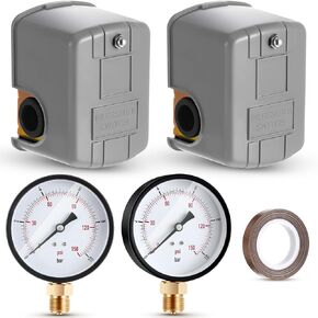 2 Well Pump Pressure Switch 40-60 Psi Pressure Setting 2 Pcs 1/4" NPT Pressure Gauge and a Roll Tape for Electric Well Pumps Jet Pumps Submersible Pumps Reciprocating Pumps