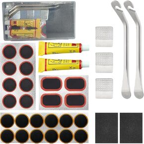 34 PCS Bike Tire Repair Kit, with 24 PCS Vulcanizing Patches/26 Glueless Tube Patch Kits& 2 Premium Stainless Steel Levers, Bicycle Inner Flat Tube Patch Kit for Mountain MTB BMX Road Cycling