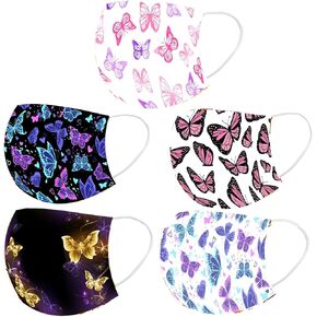 Butterfly Disposable Face Cover with Designs for Adults,3-Ply Printed Pattern with Nose Wire,50Pcs