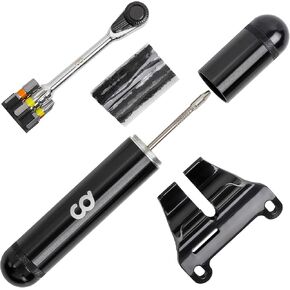 CyclingDeal 2 in 1 Mini Ratchet Bicycle Repair Tool Kit - CNC Alloy Storage Capsule and Bracket - Portable Multi-Tool Wrench- Tubeless MTB Mountain Road Bike Tire Repair Plug Kit