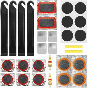 30 PCS Bike Tire Repair Kit Professional Bike Inner Tire Patch Repair Kit, 12 PCS Vulcanizing Patches 6 Pcs Pre Glued Patchs & Metal Rasp and Adapted Valve Cores Lever, Bycicle Tube Puncture Kit
