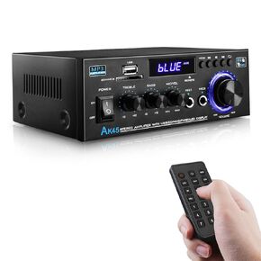AK45 300W Bluetooth 5.0 Stereo Audio Amplifier,2 Channel Home Audio Amplifier w/USB/SD Card/BT/Mic Input for Home/Garage/Ceiling/Passive Speaker Theater System