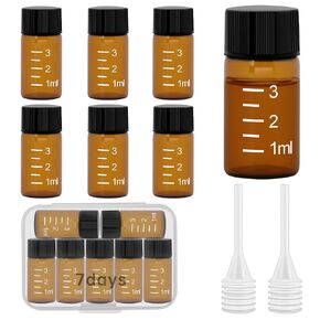 7PC 3ml (0.1 oz) Mini Small Glass Bottles with Screw Caps and Plastic Stoppers Plastic Storage Box Glass Essential Oil Bottle ，with Scale Glass Essential Oil Bottle (Ambe)