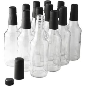 FastRack - 10oz Woozy Bottles for Hot Sauce, Pack of 12 with Black Plastic Caps & Shrink Sleeves, Empty, High Grade Clear Glass bottles with Leakproof Cap - No Dripper Included