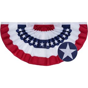 SYII USA Pleated Fan Flag 3x6 Feet Outdoor Made in US, Embroidery Stars American US Bunting Flags with 3 Brass Grommets, Patriotic Half Fan Banner for Fourth of July Decor