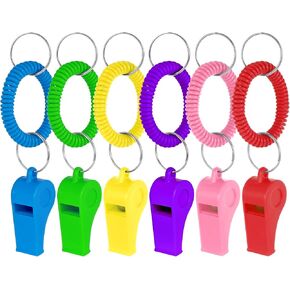 Sports Whistles, 6 Packs Loud Crisp Plastic Whistles with Stretchable Coil Wrist Keychain Ring, Whistle Emergency for Teacher Polices Officials Sport Training Lifeguard, 6 Colors