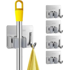 Mop Broom Holder No Drilling, 304 Stainless Steel Broom Organizer Wall Mount Heavy Duty Hooks, Non-Slip Broom Hanger 4Pcs, Self-Adhesive for Bathroom, Kitchen, Closet, Garden Garage (Gray)