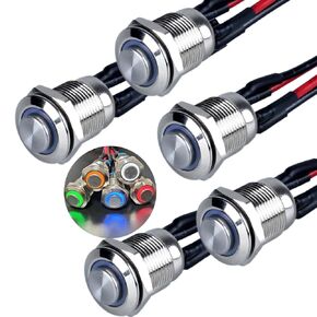 5pcs 12mm High Round Head Momentary Push Button Switch 12V-24V (ON)-Off 4Pins 1NO Silver Metal Shell for 1/2" Mounting Hole with Cable Halo Ring LED Mix Color (Blue/Red/Green/Yellow/White)