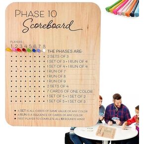 Phase 10 Score Board, Board Card Games,Phase 10 Score Sheets with 8 Colored Pegs, 10 Scorecard and Round Tracker, Classic Family Adults Board Card Games Night Table Score Boards