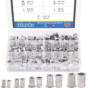 Glarks 180Pcs #8-32#10-24 1/4"-20 5/16"-18 3/8"-16 UNC Rivet Nuts Assortment Kit 304 Stainless Steel Flat Head Threaded Insert Nutserts Rivnuts Set