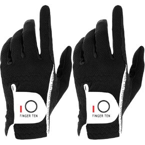 FINGER TEN Men's Golf Gloves for Right Left Handed Golfer Rain Grip Value 2 Pack, Golf Glove for Left or Right Hand Hot Wet Weather No Sweat Black Gray White Blue