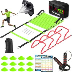 Agility Ladder Speed Training Equipment Set-20ft Agility Ladder,12 Soccer Cones,4 Hurdles, Jump Rope, Running Parachute| Basketball Football Soccer Training Equipment for Kids Youth Adults