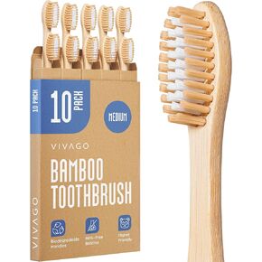 Bamboo Toothbrushes Medium Bristles 10 Pack - BPA Free Medium Bristles Toothbrushes for Adults | Eco-Friendly, Compostable & Biodegradable Toothbrush | Natural Wooden Toothbrushes
