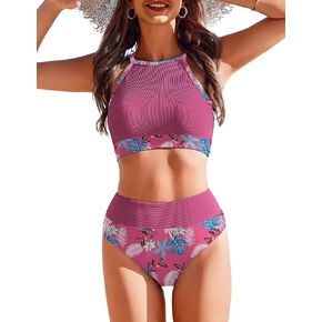 AI'MAGE Women's Bikini Sets High Neck Ribbed Two Pieces Swimsuit Tummy Control Bathing Suits High Waisted Swimwear 2025