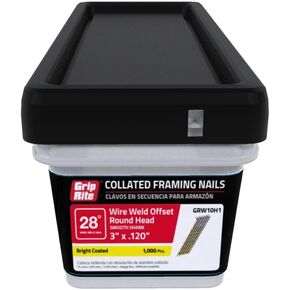 Grip-Rite 10d Sinker - 3-Inch x .120 Vinyl Coated, Smooth Shank, 28? Clipped Head, Wire-Weld Collated, Stick Framing Nails - 500 per tub