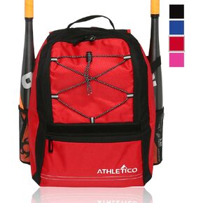 Athletico Youth Baseball Bat Bag - Backpack for Baseball, T-Ball & Softball Equipment & Gear | Holds Bat, Helmet, & Glove | Fence Hook (Red)