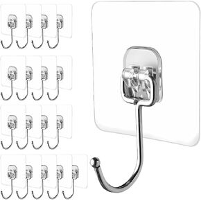 Large Adhesive Hooks, 18-Pack Hold 44lb(Max) Heavy Duty Sticky Hooks,Waterproof & Rustproof Wall Hooks for Hanging Can be Use Kitchen Bathroom Outdoor Ceiling Office, Transparent