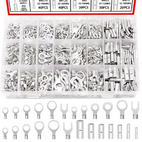 Twidec/640PCS Non Insulated Ring Terminal Kit AWG 22-16 16-14 12-10 Non-Insulated Copper Ring Fork Terminals Wire Connectors Kit of Tinned Red Copper Wire Crimp Connectors N-091