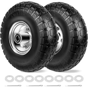 4.10/3.50-4 Tires and Wheels Flat Free 10 Inch Solid Tires Replacement with 5/8" Axle Bore Hole, 8 Spacers 4 Pins, for Cart, Garden Wagon, Wheelbarrow, Hand Truck, Trolley, Lawn Mower, 2P