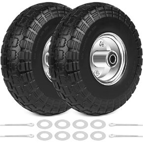 4.10/3.50-4 Tires 10" Flat Free Wheels Replacement Solid Rubber Wheelbarrow Heavy Duty Tires with 8 Spacers 4 Pins, 5/8" Axle Bore Hole for Garden Cart, Hand Truck, Lawn Cart, Mower, Trolley, 2P